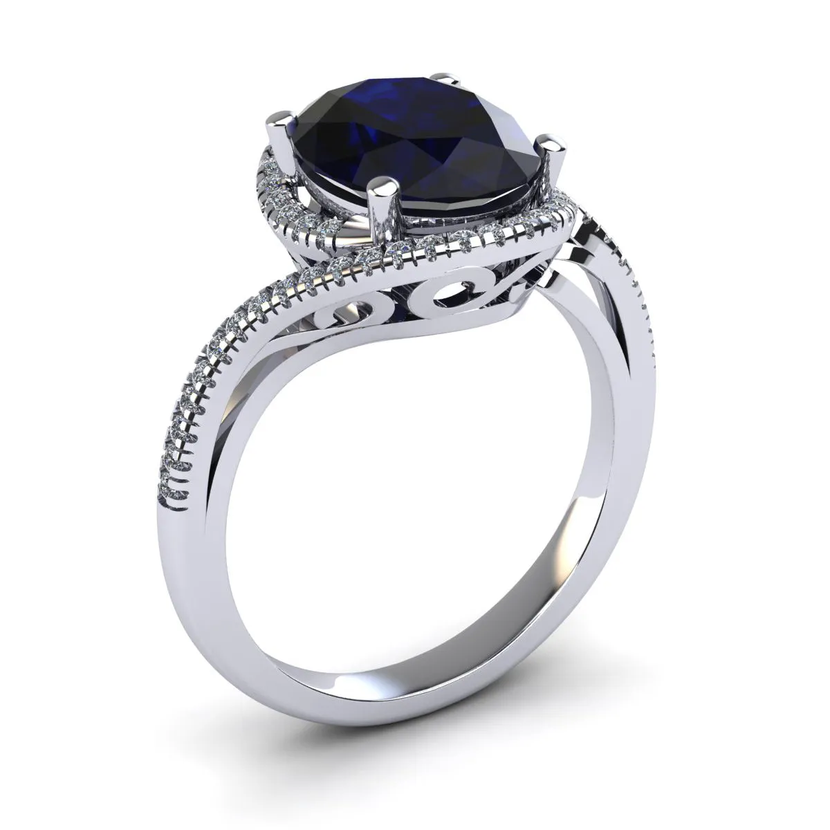 1 1/4 Carat Oval Shape Sapphire And Halo Diamond Ring In 14 Karat White Gold