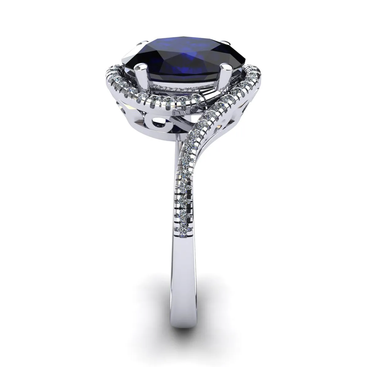 1 1/4 Carat Oval Shape Sapphire And Halo Diamond Ring In 14 Karat White Gold