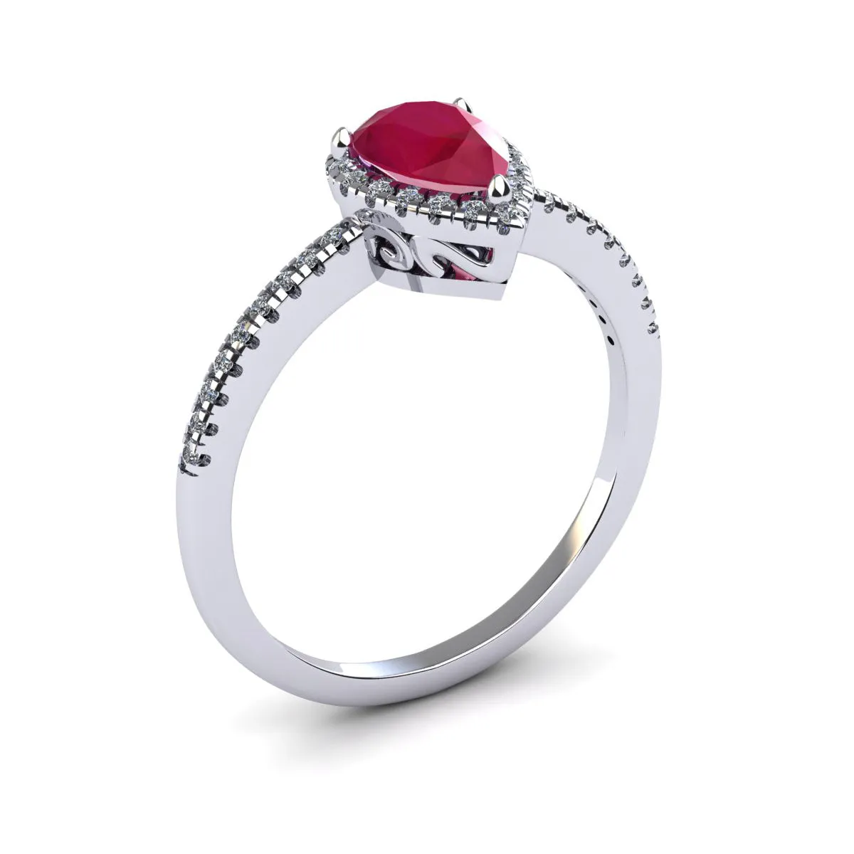 1 Carat Pear Shape Ruby And Halo Diamond Ring In 14 Karat White Gold