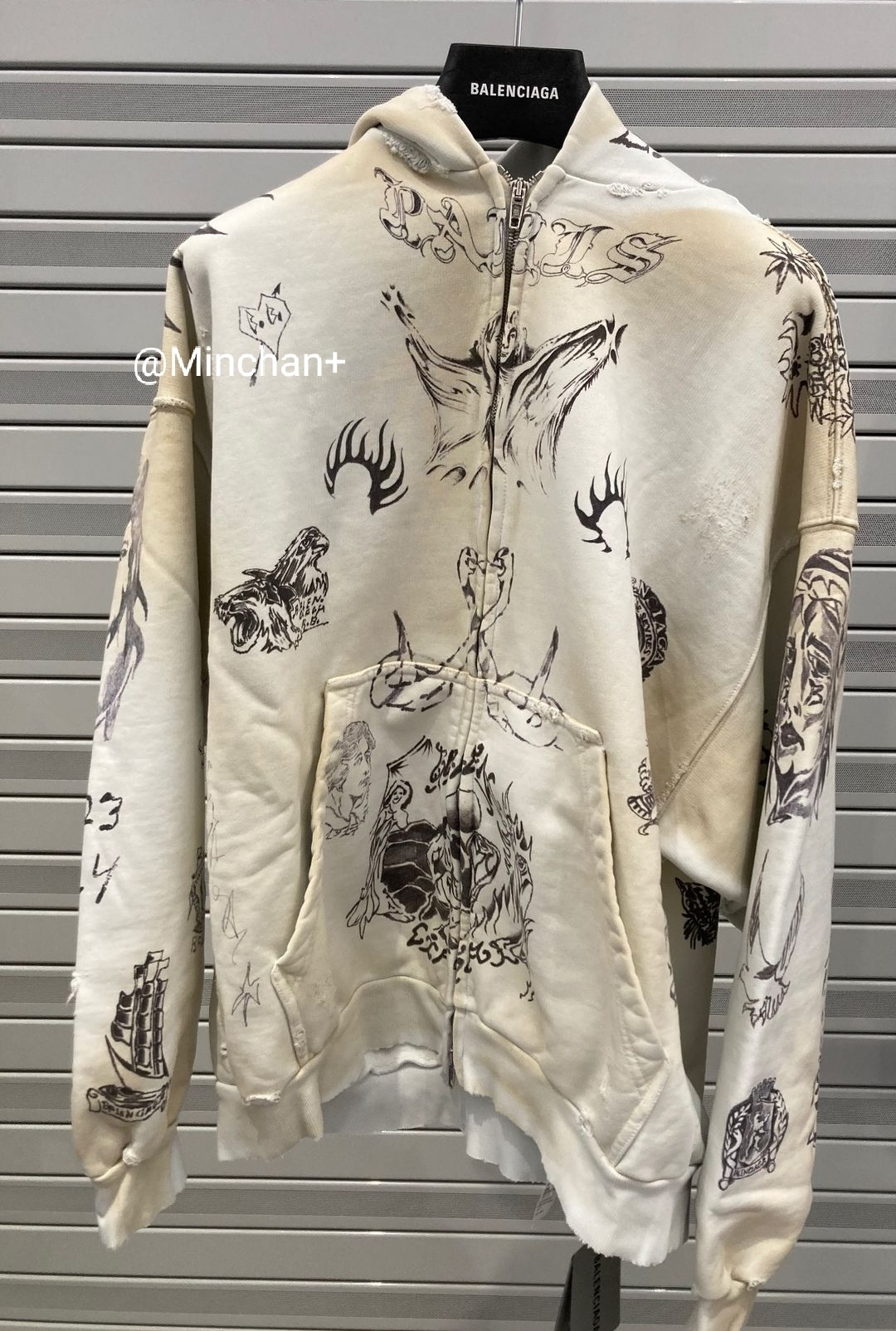 BALENCIAGA  |Men's Tat Zip-up Hoodie Medium Fit in Off White/black