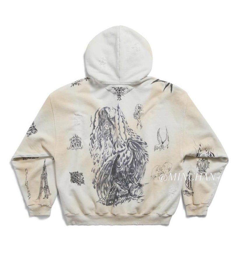 BALENCIAGA  |Men's Tat Zip-up Hoodie Medium Fit in Off White/black