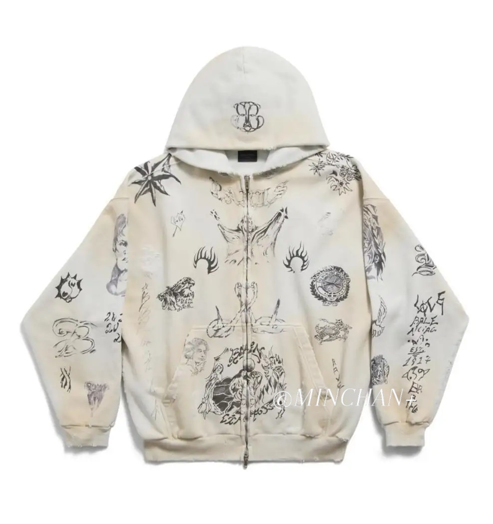 BALENCIAGA  |Men's Tat Zip-up Hoodie Medium Fit in Off White/black