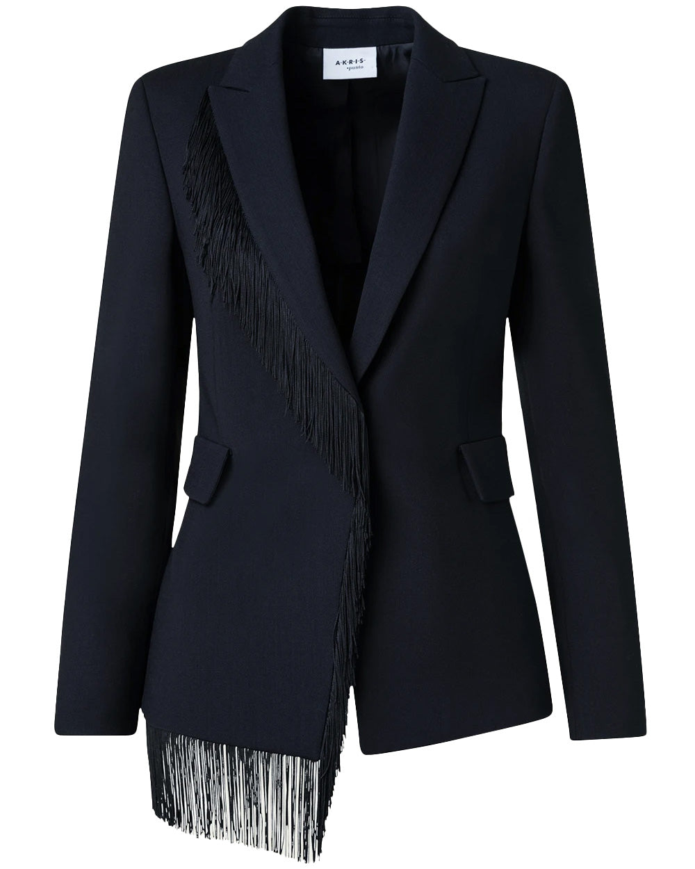 Black Wool Crepe Fringe Intarsia Blazer