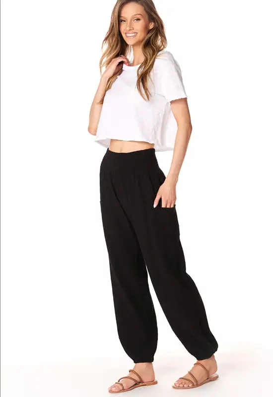 Bobi - Smocked Beach Pant with Pockets Black