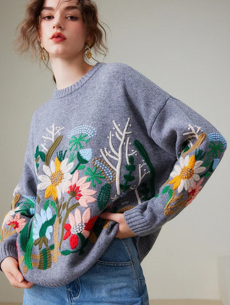 Boho Flower Sweater Casual Spring Pullover Coat O-neck Long Sleeve Sweater Jumper