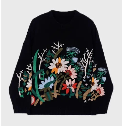 Boho Flower Sweater Casual Spring Pullover Coat O-neck Long Sleeve Sweater Jumper