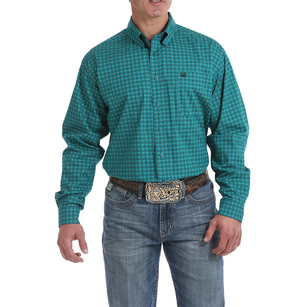 Cinch Teal Green Geo Checker Long Sleeve