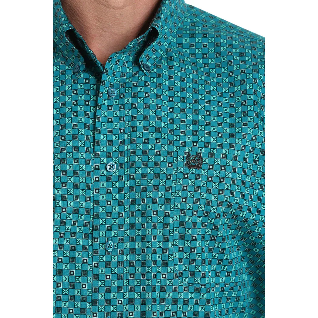 Cinch Teal Green Geo Checker Long Sleeve