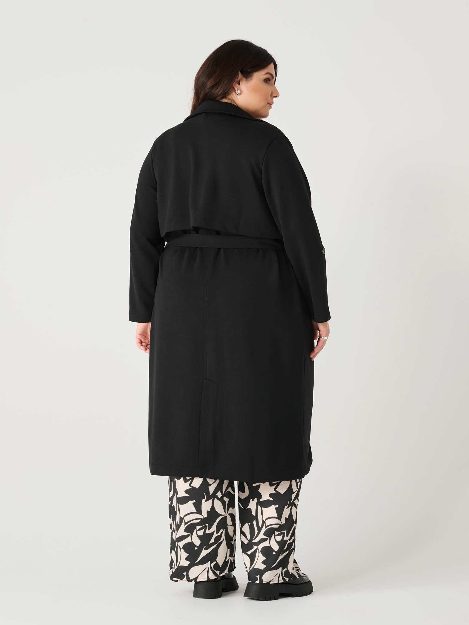 Dex Plus  Double Breasted Knit Trench In Black