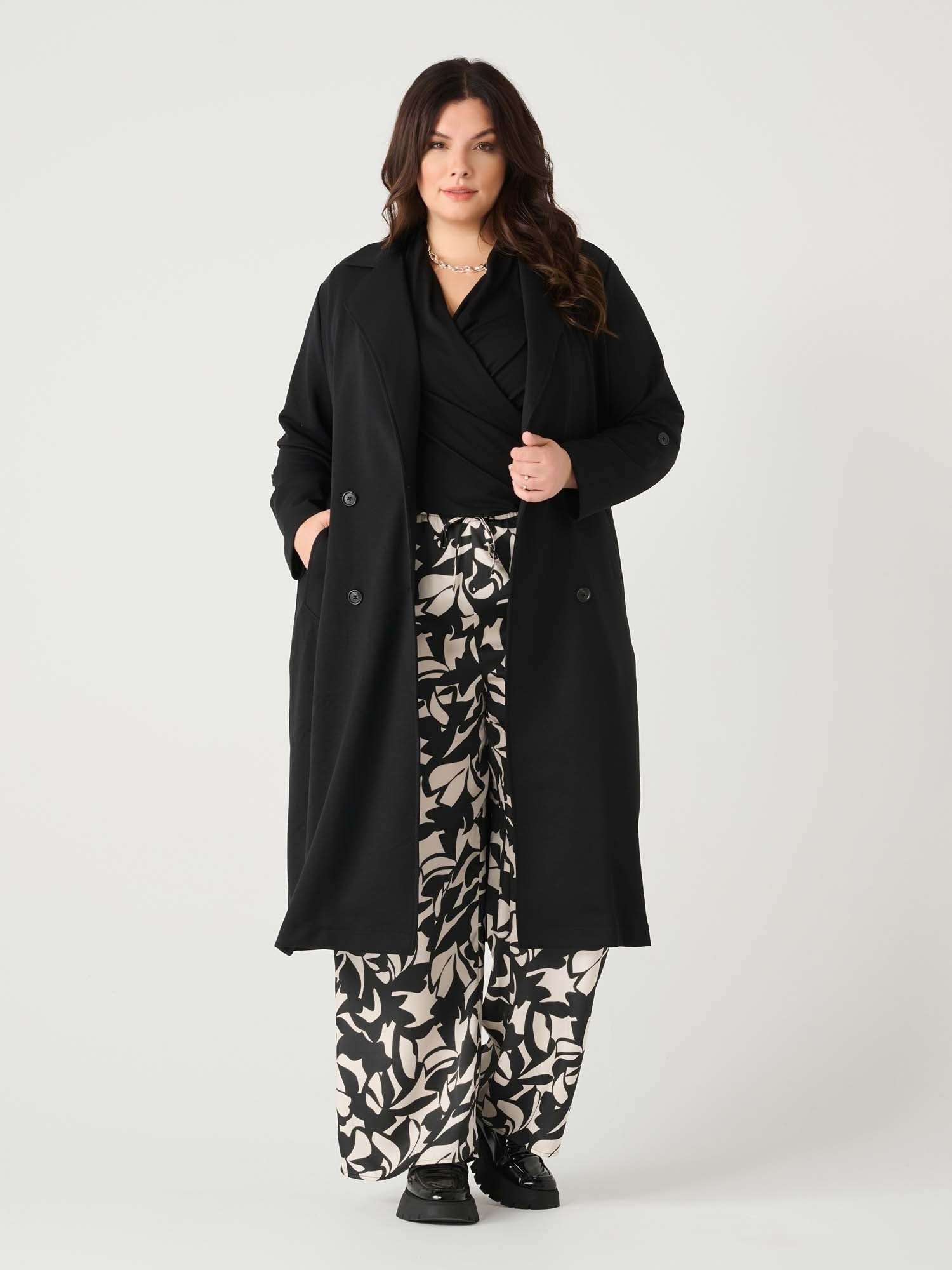 Dex Plus  Double Breasted Knit Trench In Black