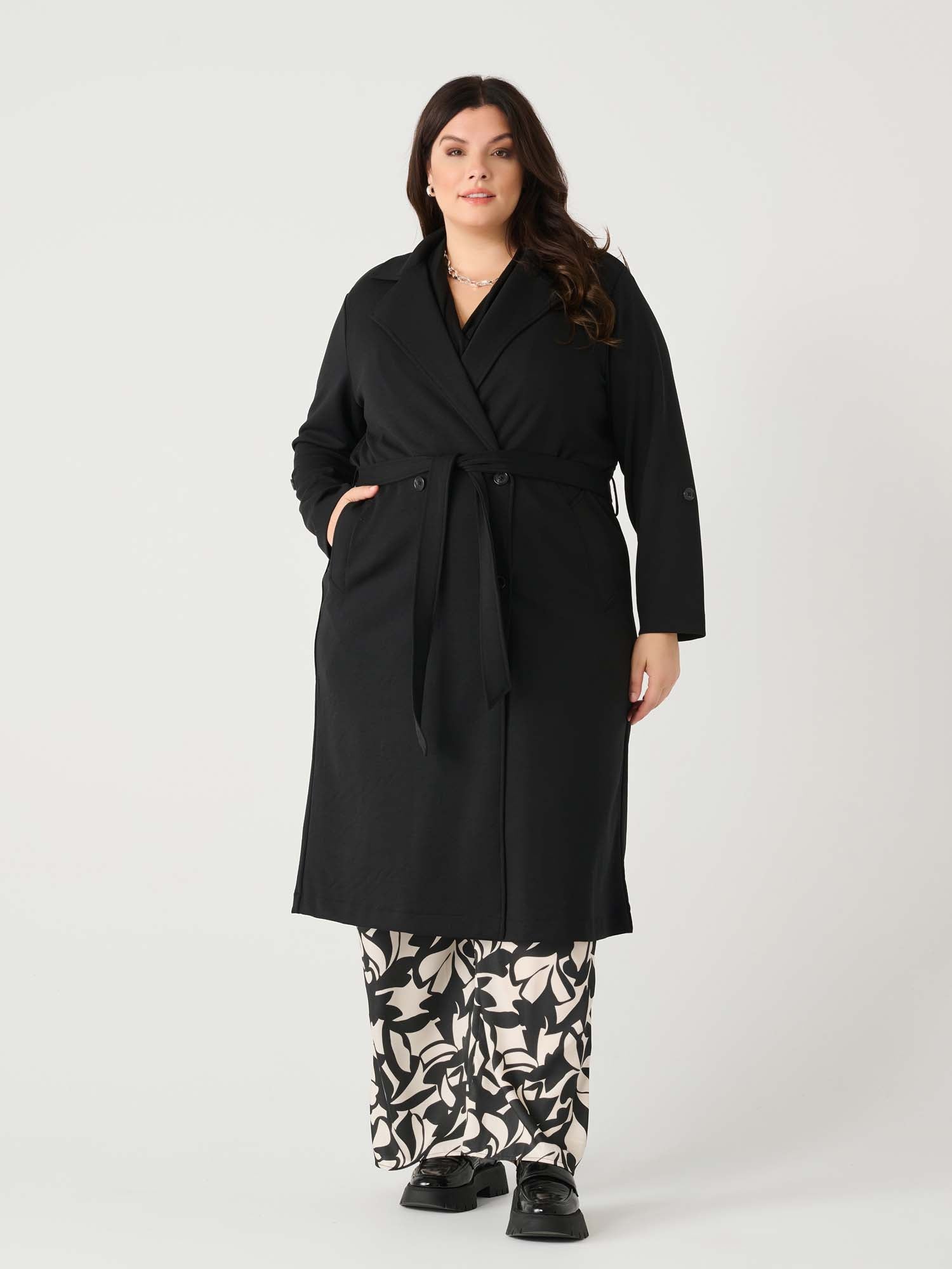 Dex Plus  Double Breasted Knit Trench In Black