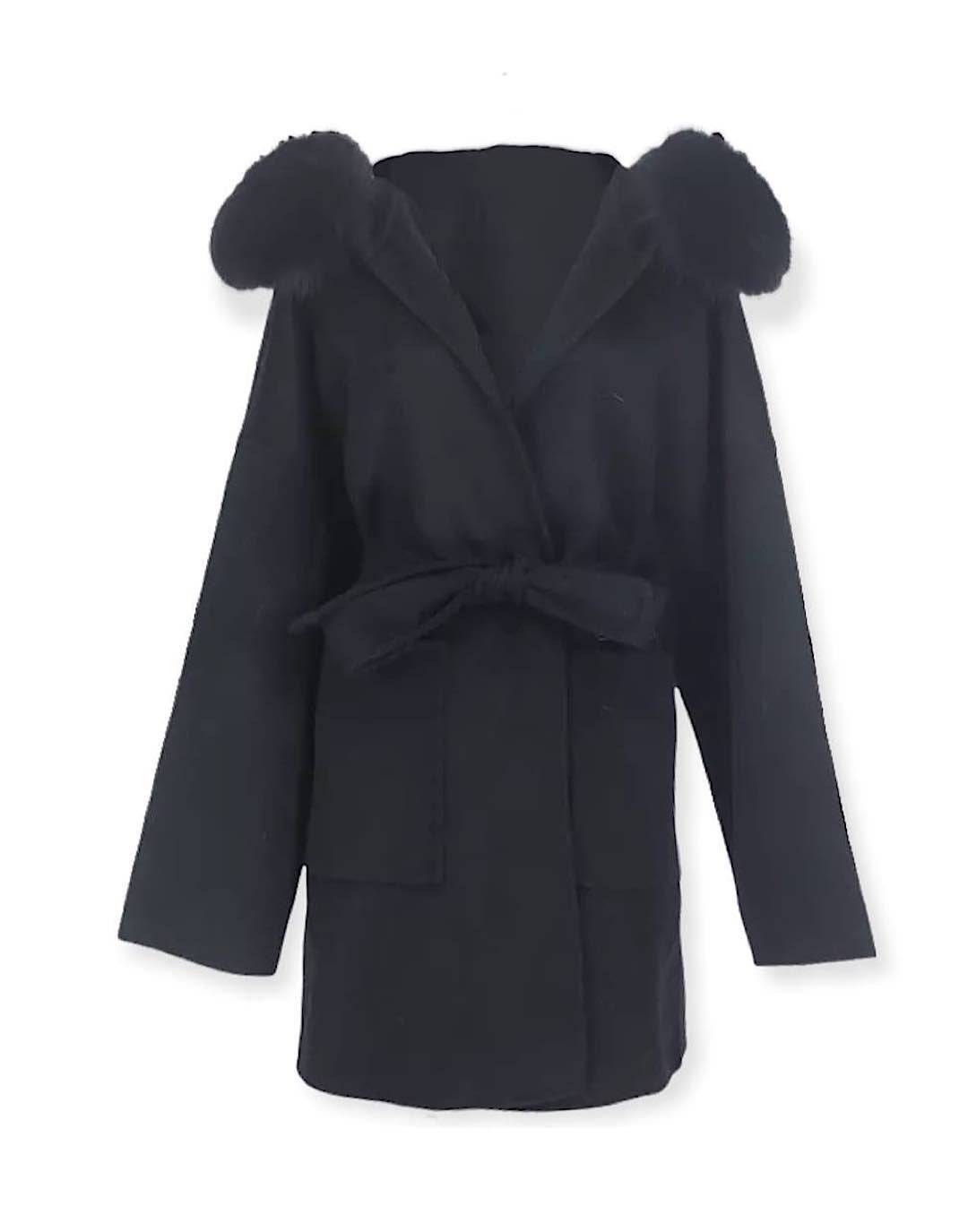 Double Faced Belted Wool Cashmere Coat With Fur Hoodie