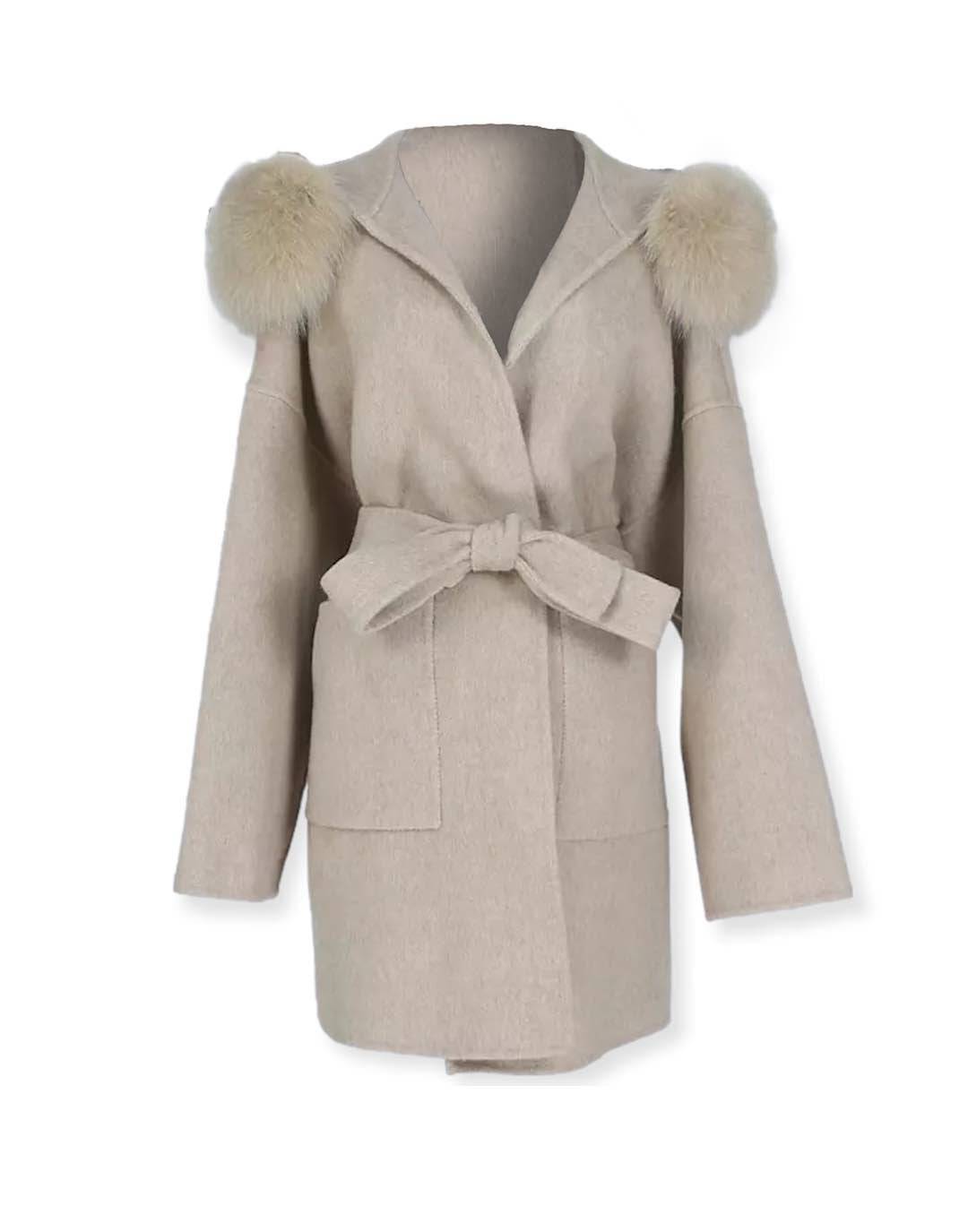 Double Faced Belted Wool Cashmere Coat With Fur Hoodie