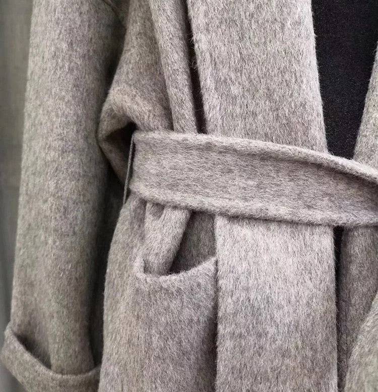 Double Faced Belted Wool Cashmere Coat With Fur Hoodie