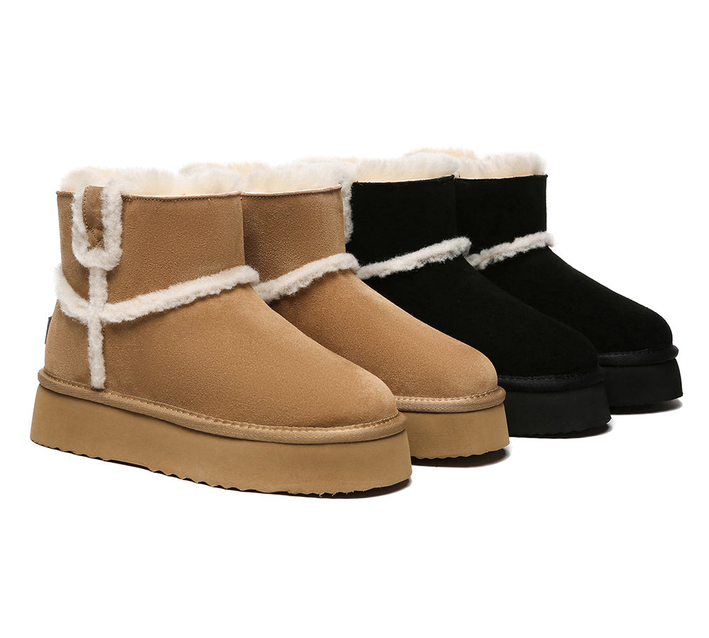 EVERAU UGG Women Sheepskin Wool Shearling Lined Ankle Boots Schunck Platform