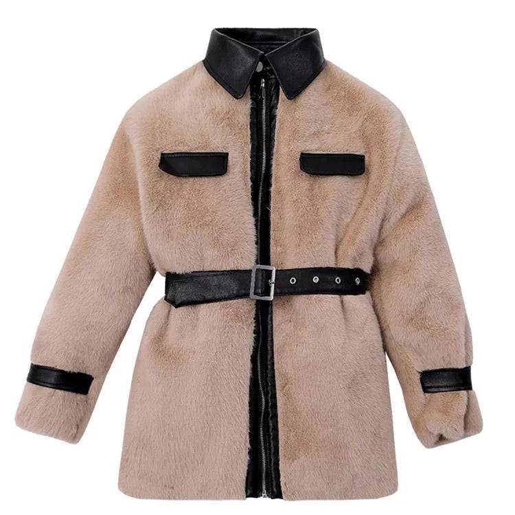 Faux Fur Pu Leather Trimmed Coat