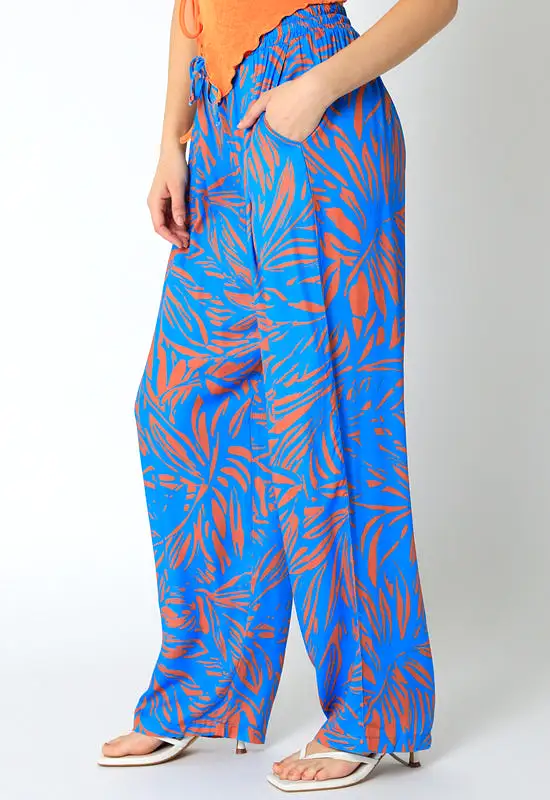 Floral Leaf Print Pant - Blue Orange