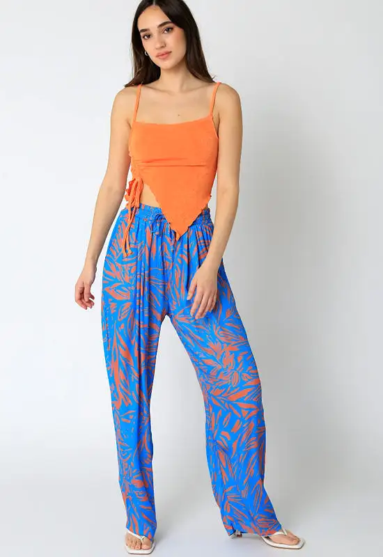 Floral Leaf Print Pant - Blue Orange