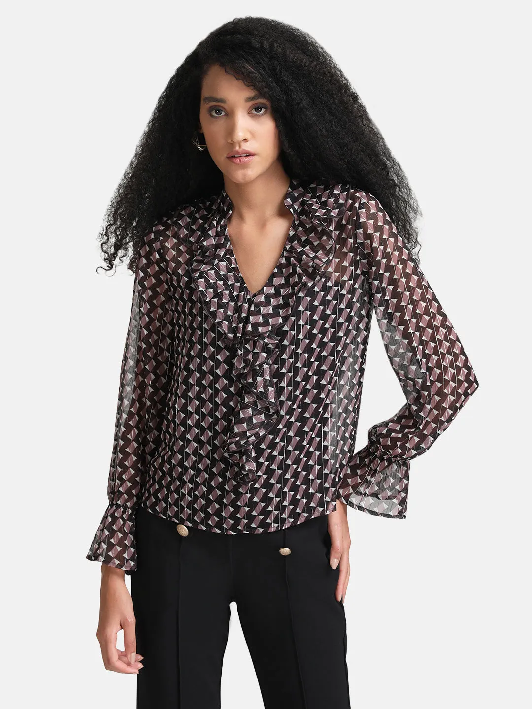 Geometric Printed Top With Ruffle