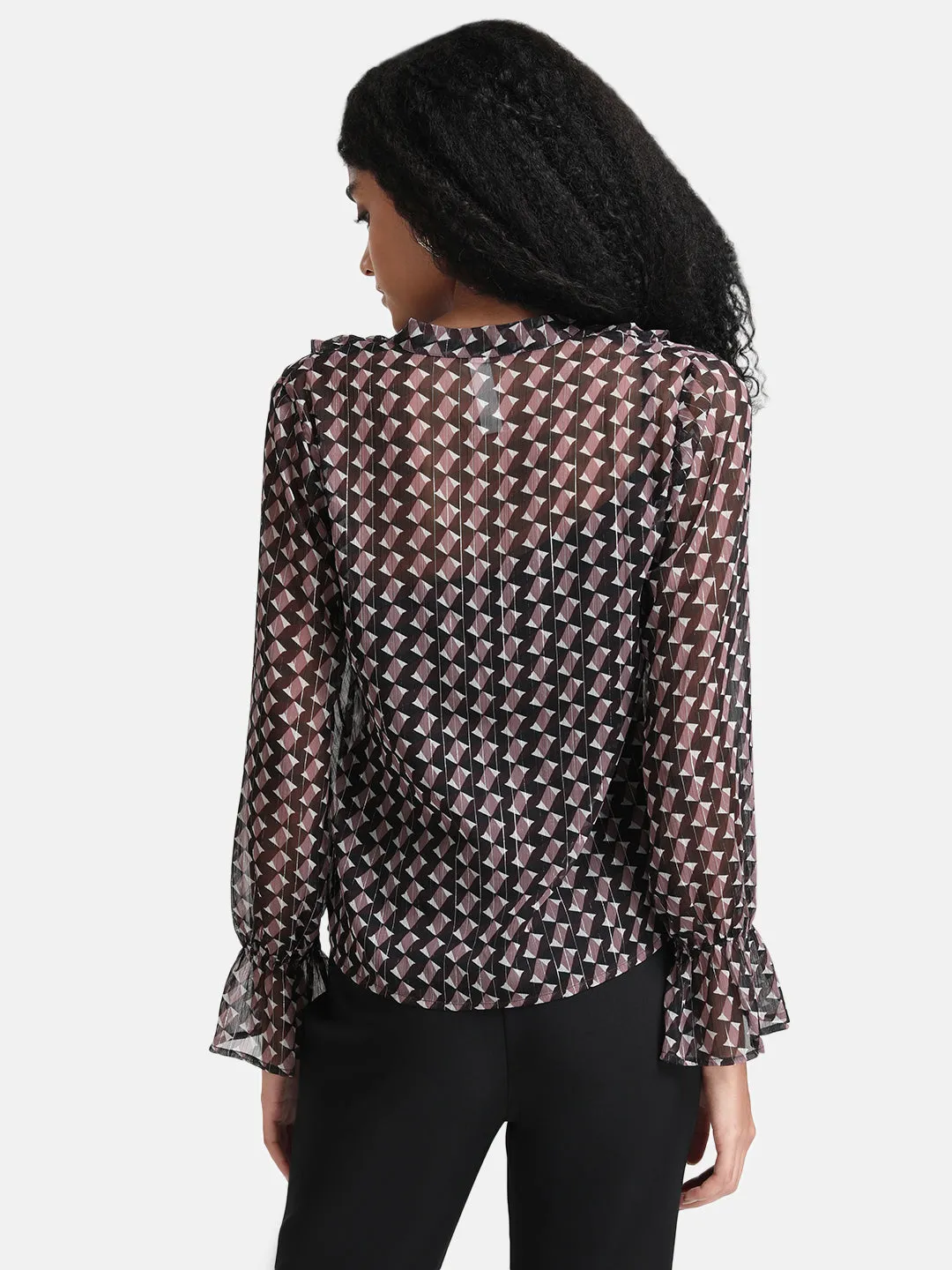 Geometric Printed Top With Ruffle