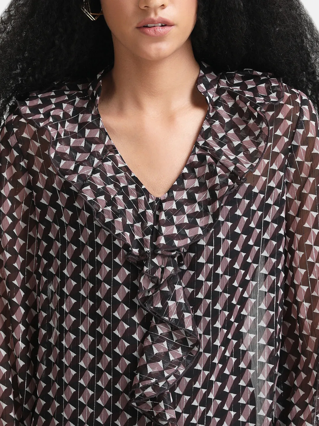 Geometric Printed Top With Ruffle