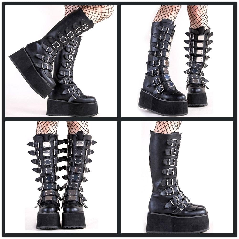 Get Your Feet in These Cool Black Gothic Style Punk Calf Motorcycle Boots with Comfy Flat Platform Heels