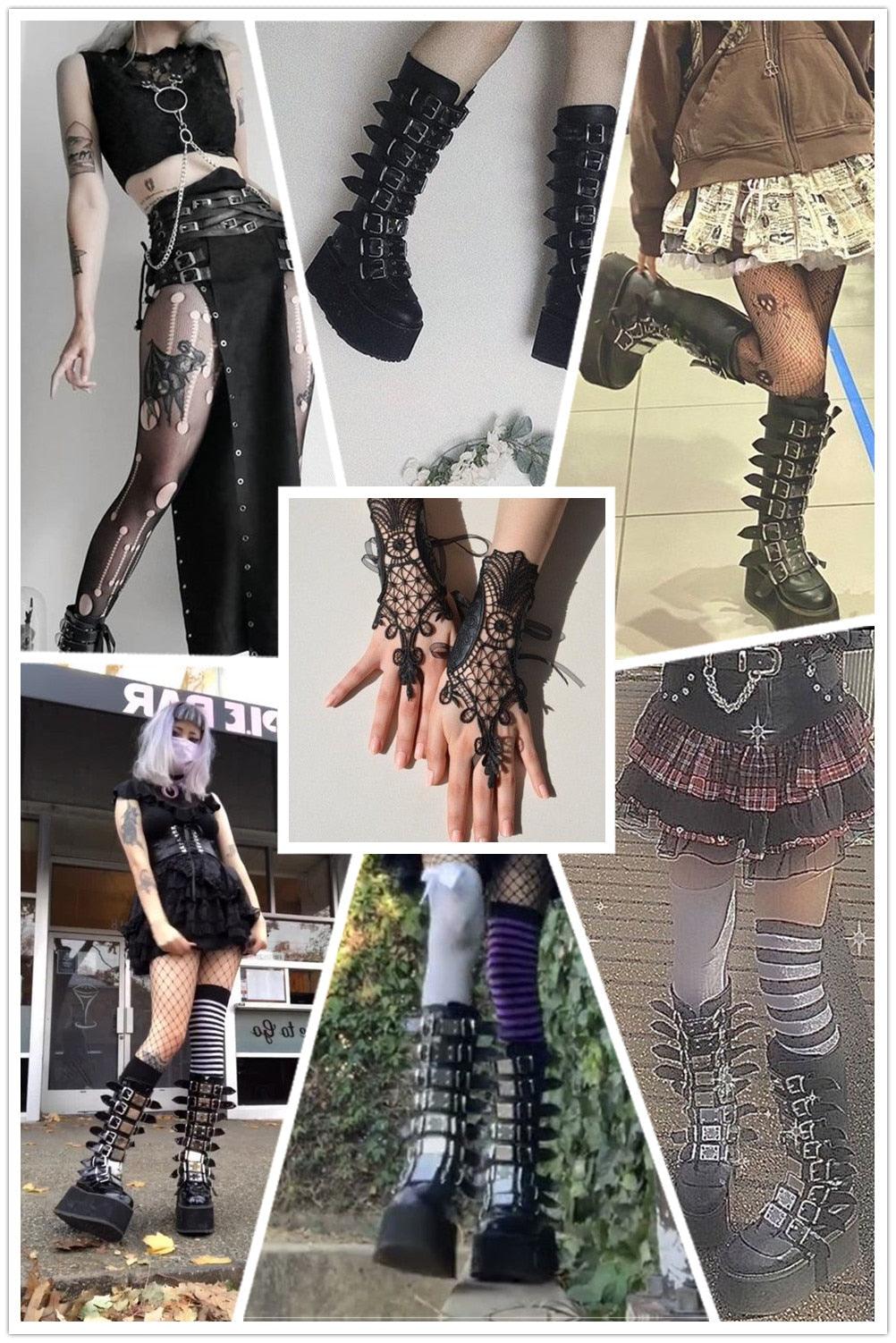 Get Your Feet in These Cool Black Gothic Style Punk Calf Motorcycle Boots with Comfy Flat Platform Heels