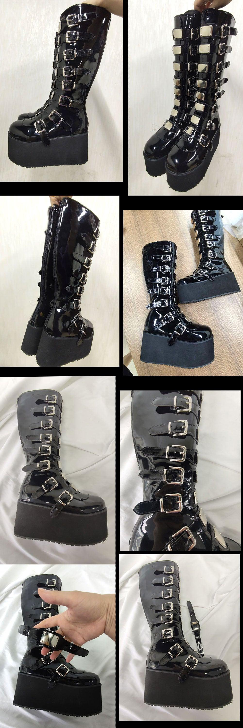 Get Your Feet in These Cool Black Gothic Style Punk Calf Motorcycle Boots with Comfy Flat Platform Heels