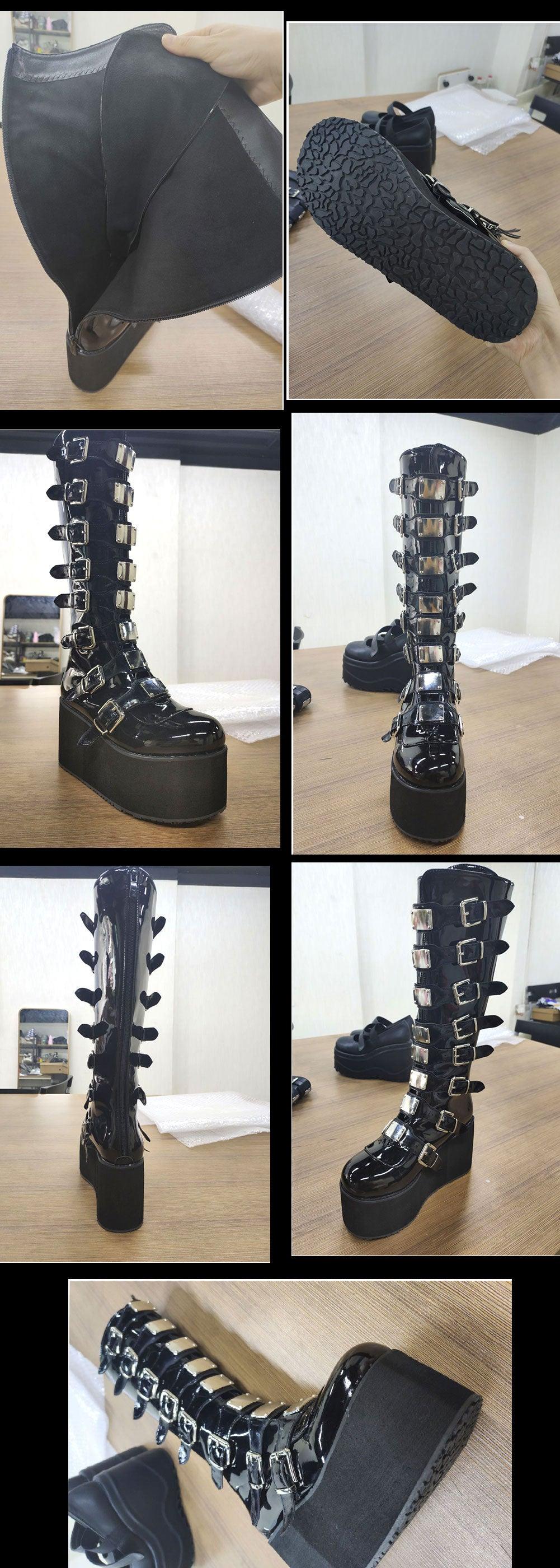 Get Your Feet in These Cool Black Gothic Style Punk Calf Motorcycle Boots with Comfy Flat Platform Heels