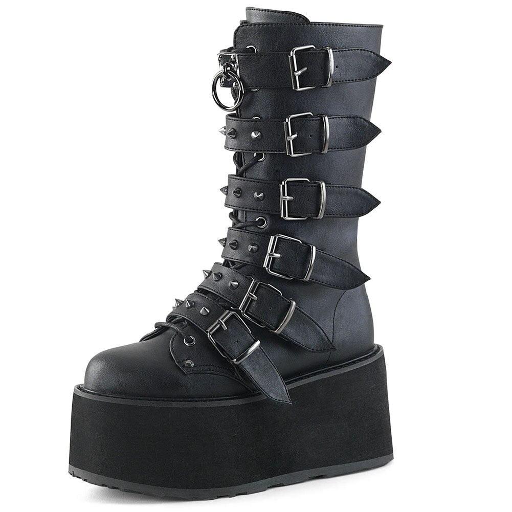 Get Your Feet in These Cool Black Gothic Style Punk Calf Motorcycle Boots with Comfy Flat Platform Heels