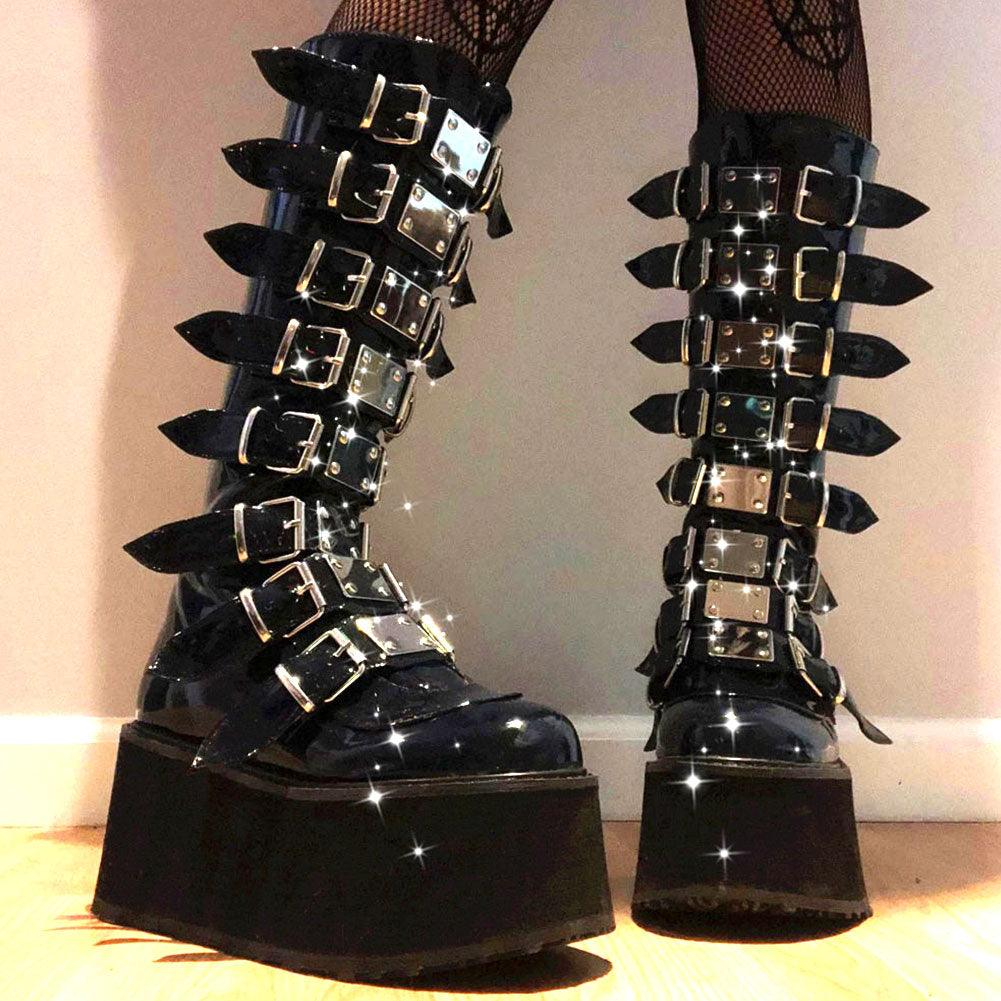 Get Your Feet in These Cool Black Gothic Style Punk Calf Motorcycle Boots with Comfy Flat Platform Heels