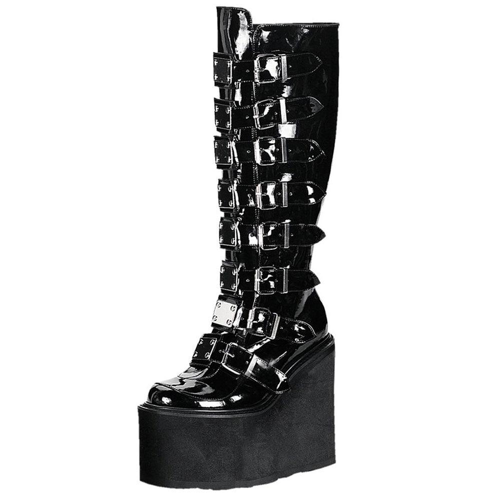 Get Your Feet in These Cool Black Gothic Style Punk Calf Motorcycle Boots with Comfy Flat Platform Heels