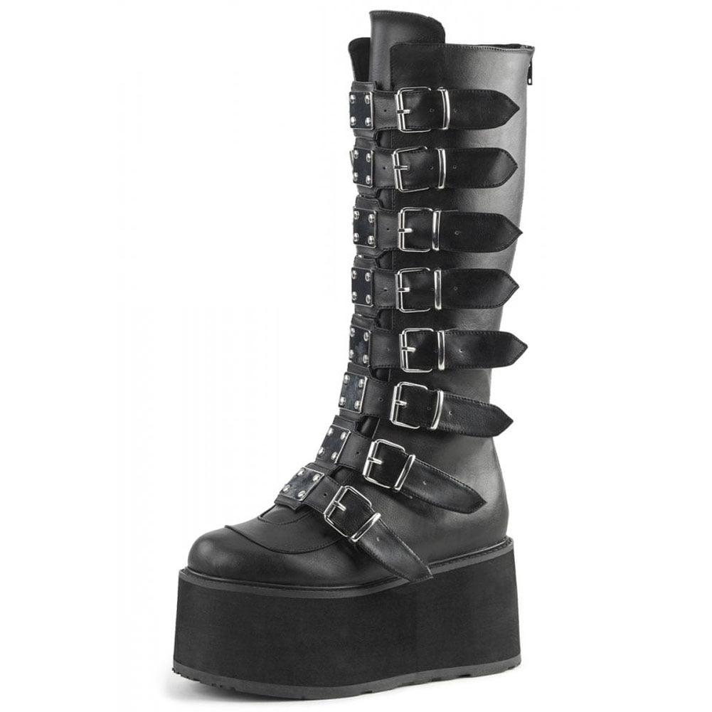 Get Your Feet in These Cool Black Gothic Style Punk Calf Motorcycle Boots with Comfy Flat Platform Heels