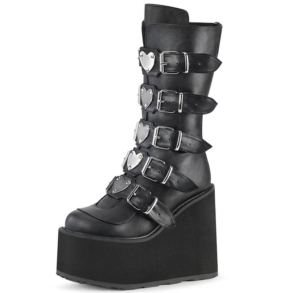 Get Your Feet in These Cool Black Gothic Style Punk Calf Motorcycle Boots with Comfy Flat Platform Heels