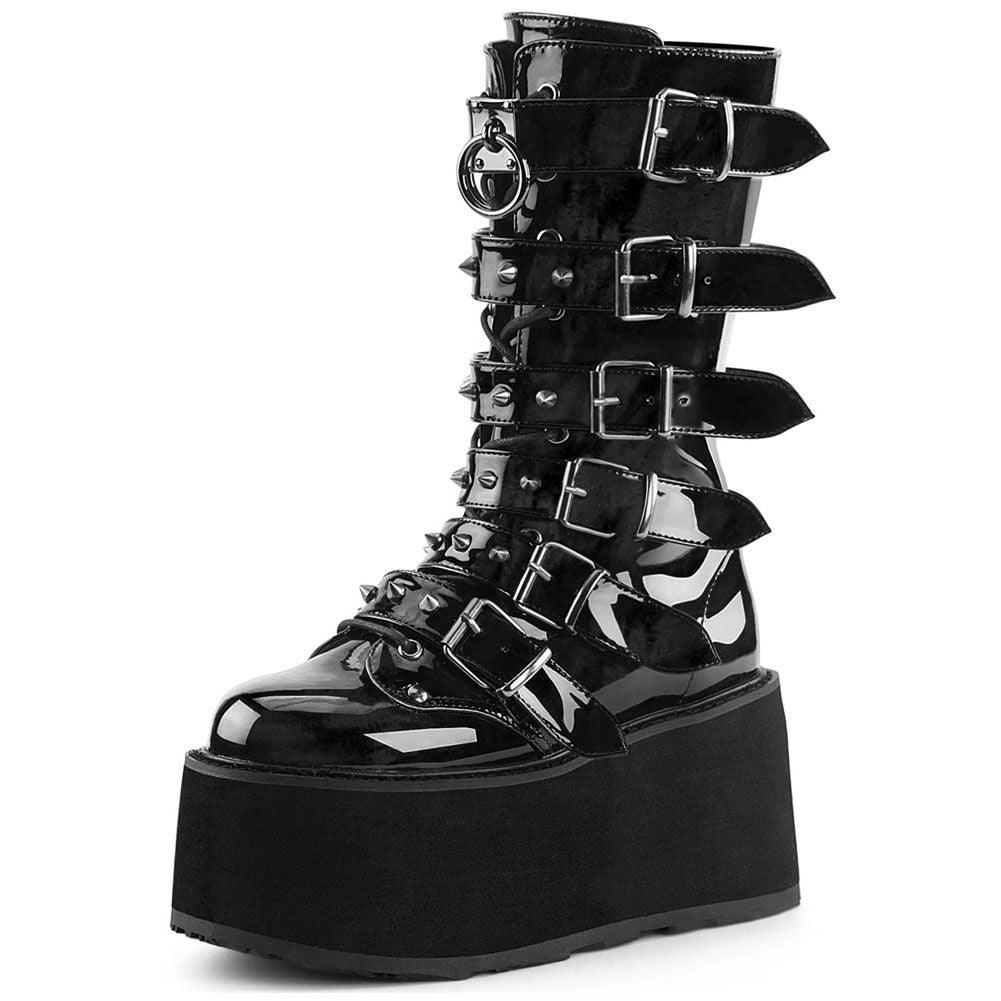 Get Your Feet in These Cool Black Gothic Style Punk Calf Motorcycle Boots with Comfy Flat Platform Heels