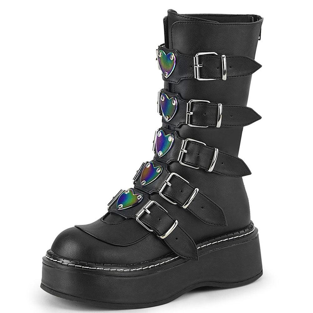 Get Your Feet in These Cool Black Gothic Style Punk Calf Motorcycle Boots with Comfy Flat Platform Heels