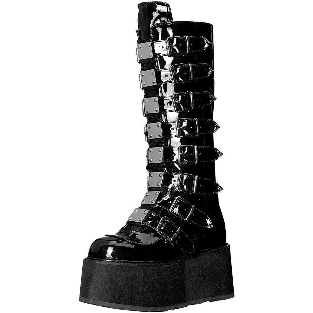 Get Your Feet in These Cool Black Gothic Style Punk Calf Motorcycle Boots with Comfy Flat Platform Heels