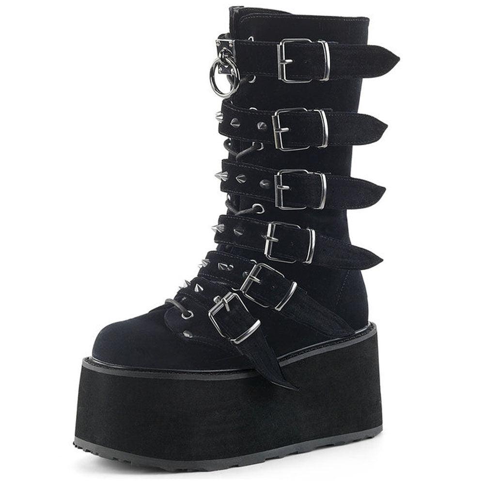 Get Your Feet in These Cool Black Gothic Style Punk Calf Motorcycle Boots with Comfy Flat Platform Heels