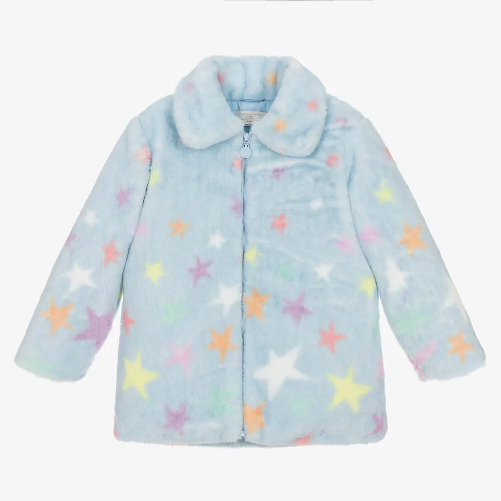 Girls Blue Faux Fur Star Print Coat