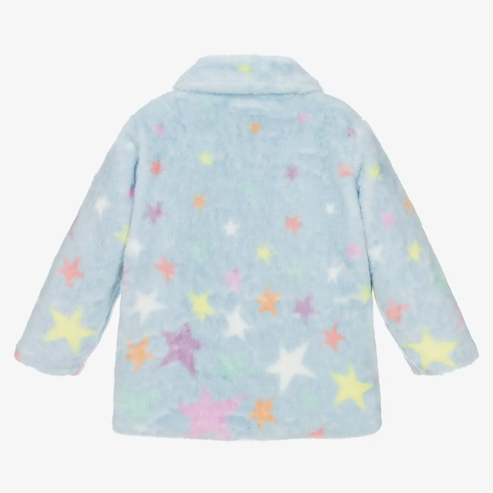 Girls Blue Faux Fur Star Print Coat