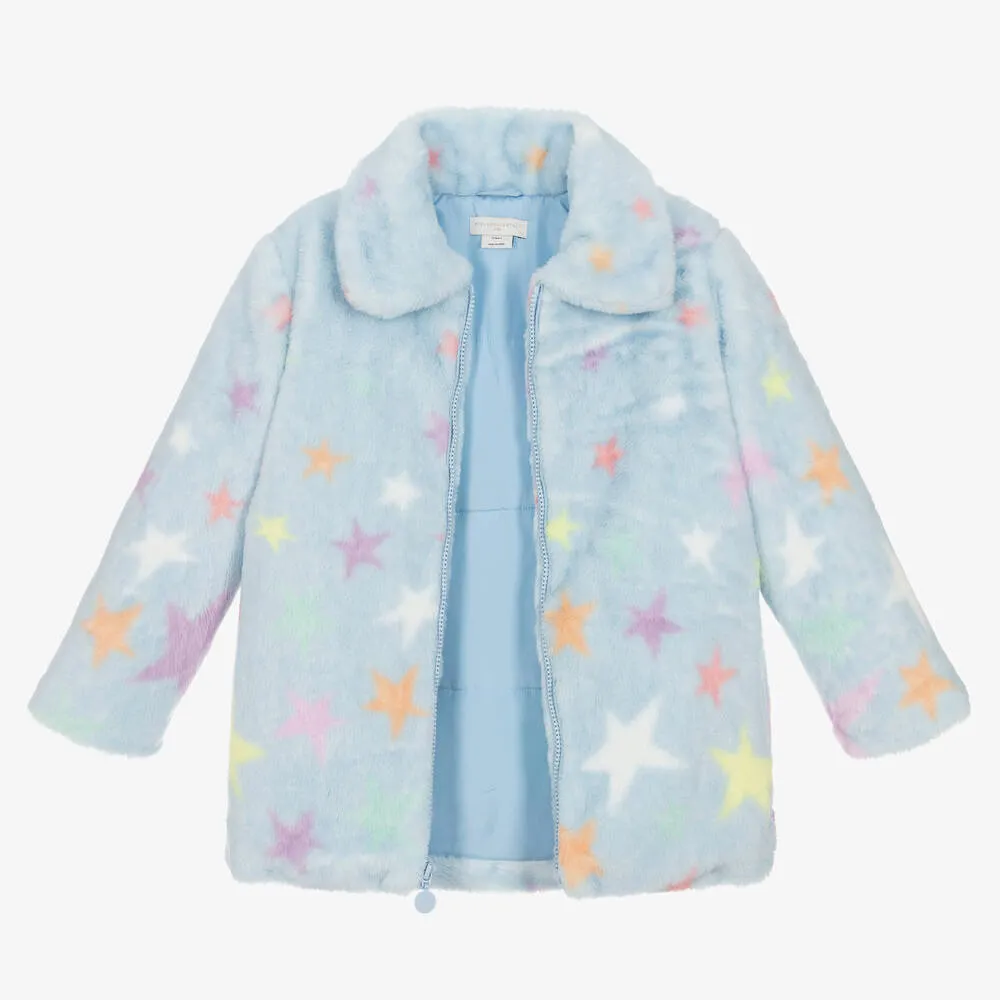 Girls Blue Faux Fur Star Print Coat