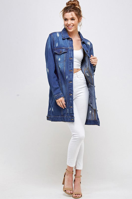 Holly Distressed Casual Spring Denim Button Down Jacket