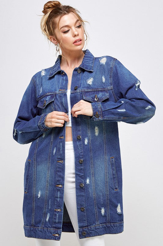 Holly Distressed Casual Spring Denim Button Down Jacket