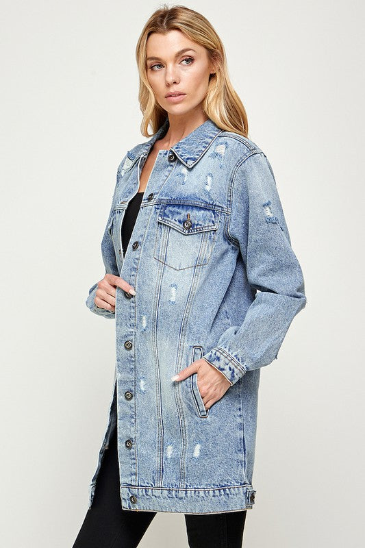 Holly Distressed Casual Spring Denim Button Down Jacket