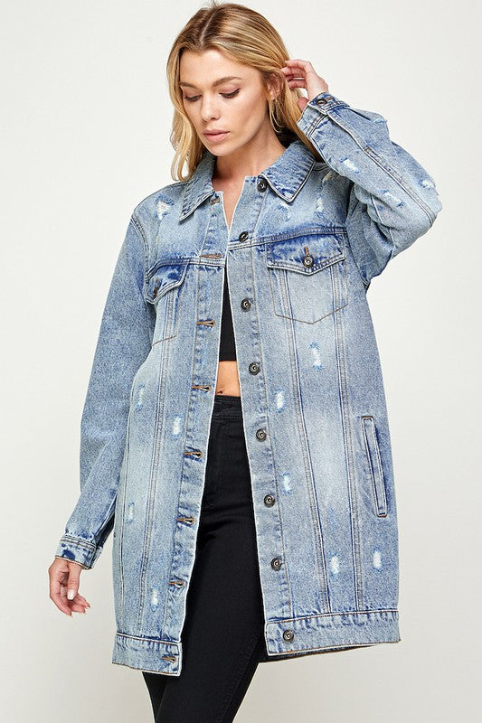 Holly Distressed Casual Spring Denim Button Down Jacket