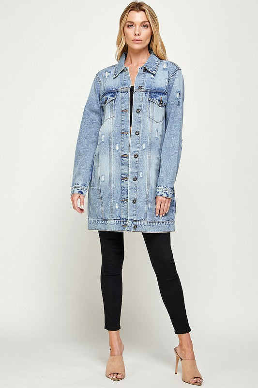 Holly Distressed Casual Spring Denim Button Down Jacket