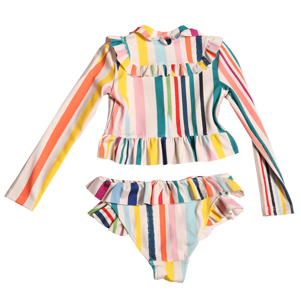 Kids Tia Cibani Marina Ruffle Rashguard Swimsuit - Rainbow Stripes