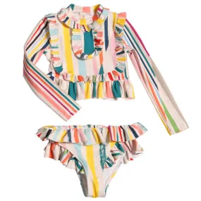 Kids Tia Cibani Marina Ruffle Rashguard Swimsuit - Rainbow Stripes