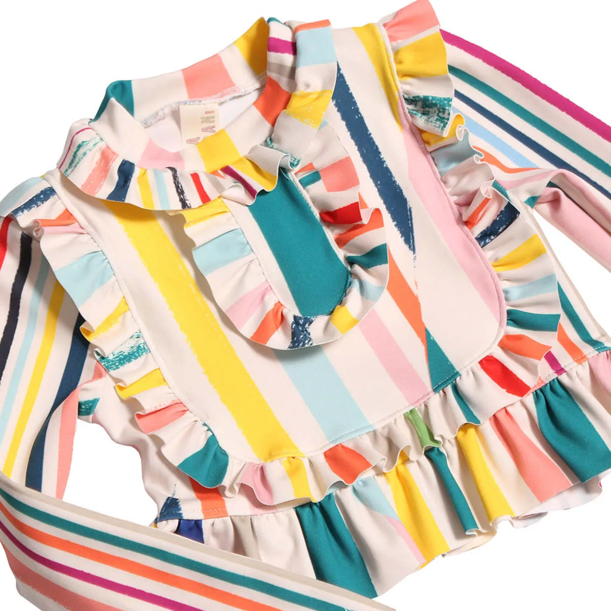 Kids Tia Cibani Marina Ruffle Rashguard Swimsuit - Rainbow Stripes