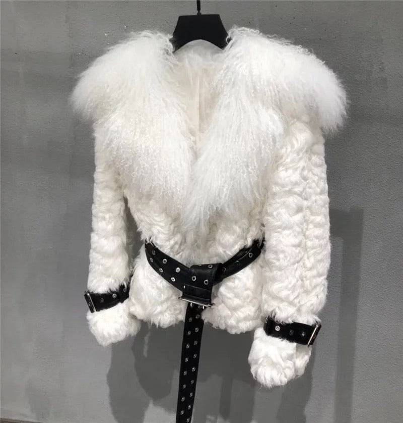 Mongalian Lamb Fur Sheepskin Leather Belted Coat